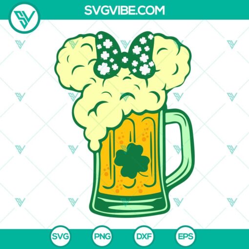 St. Patrick's mouse ears beer mug SVG design with Disney theme for Irish Day celebration. Perfect for drink lovers.