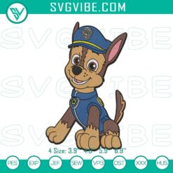 Paw Patrol Chase embroidery designs featuring cute kids cartoon character, ideal file for crafts.