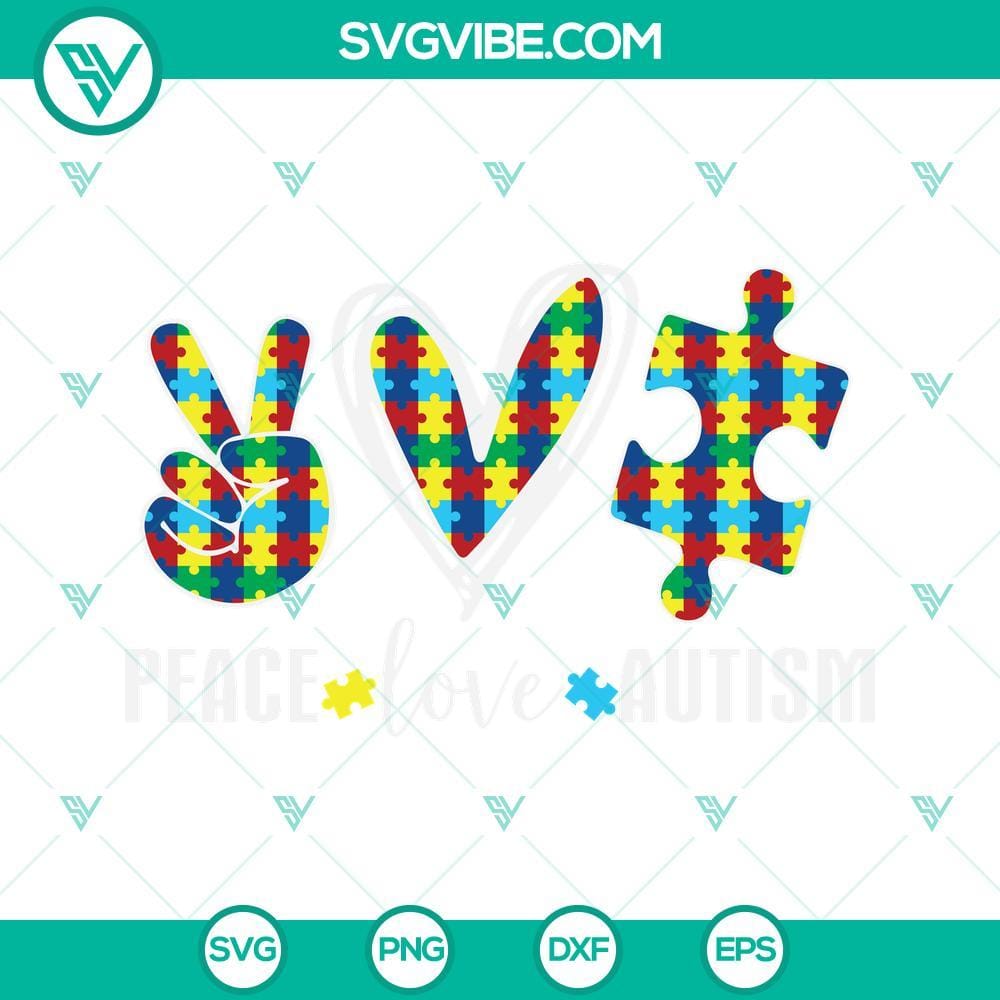 Peace Love Autism SVG, Autism Awareness SVG, Autism Shirt, Autism SVG Peace Love Autism SVG images bundle with Autism awareness designs for shirts, promoting acceptance and support for individuals with Autism.