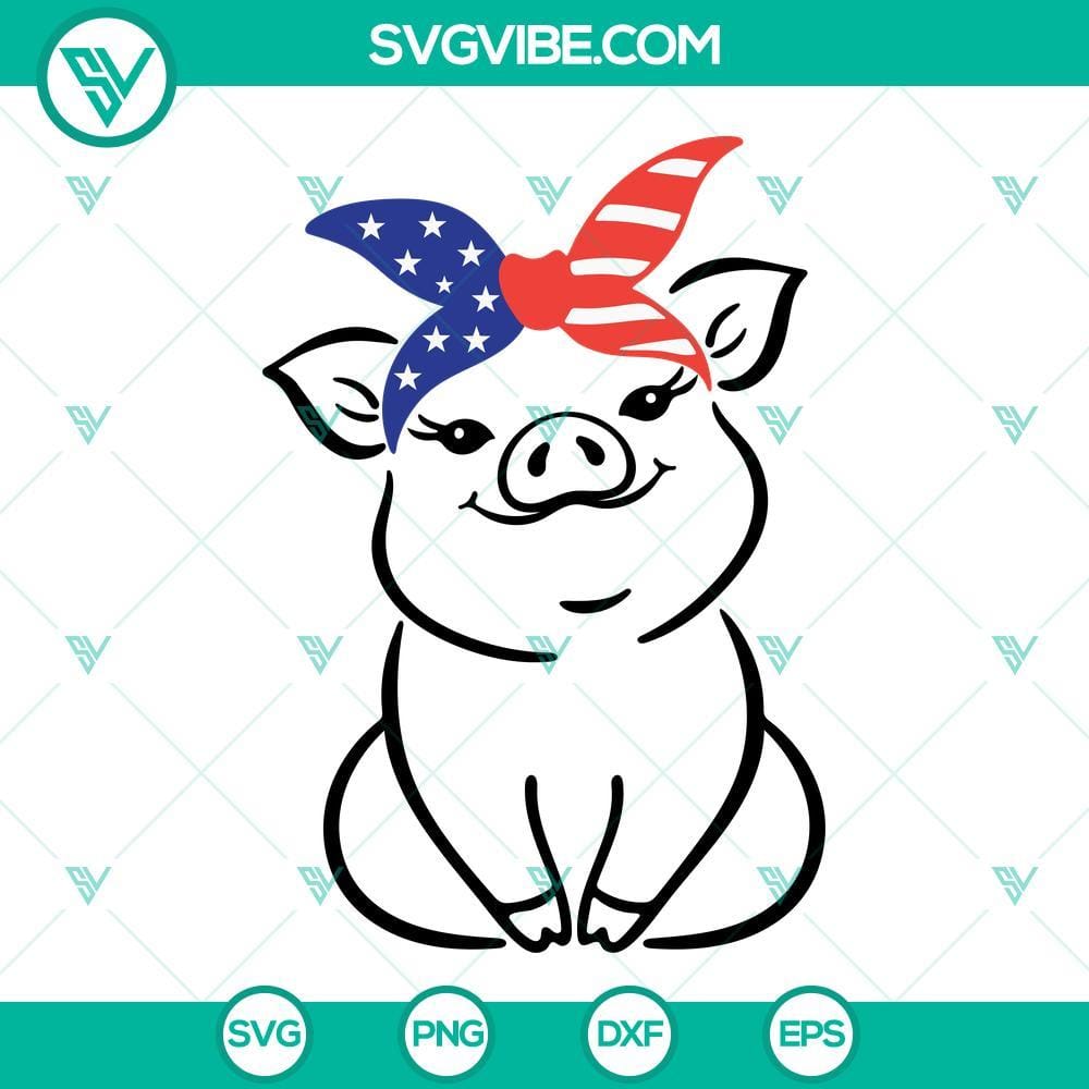 Pig 4th Of July SVG, Pig With USA Flag Bandana SVG PNG DXF EPS Cut Files 4th of July pig with a USA flag bandana SVG design, perfect for digital crafting. Includes PNG, DXF, and EPS files.