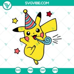 Pikachu birthday SVG file with Pokemon party elements in PNG, DXF, and EPS formats for birthday celebrations.