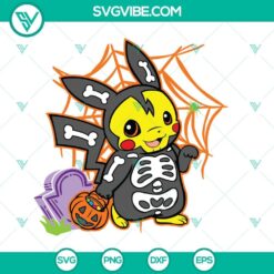 Pikachu skeleton pumpkin Halloween SVG image with Pokemon theme, ideal for festive digital crafting projects.