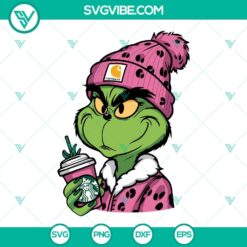 Pink Carhartt Grinch Starbucks Cup SVG, Bougie Pink Grinch SVG, Downloadable PNG Files for Christmas Crafts and DIY Projects.