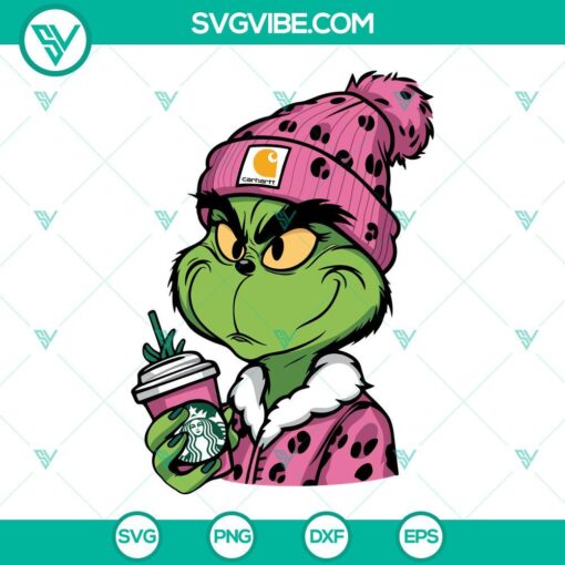 Pink Carhartt Grinch Starbucks Cup SVG, Bougie Pink Grinch SVG, Downloadable PNG Files for Christmas Crafts and DIY Projects.