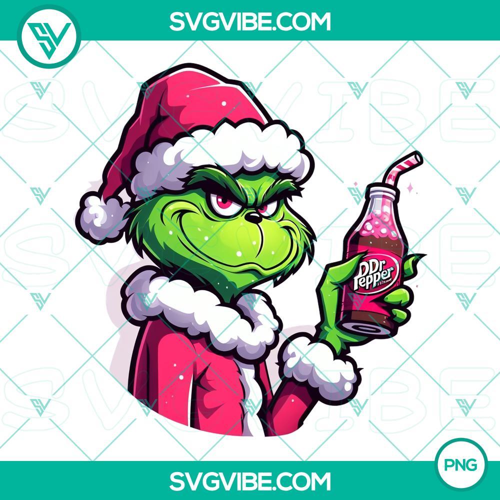 Pink Grinch Santa Claus With Dr Pepper PNG Files File Pink Grinch Santa Claus holding Dr Pepper bottle, downloadable PNG files for Christmas crafts and designs.