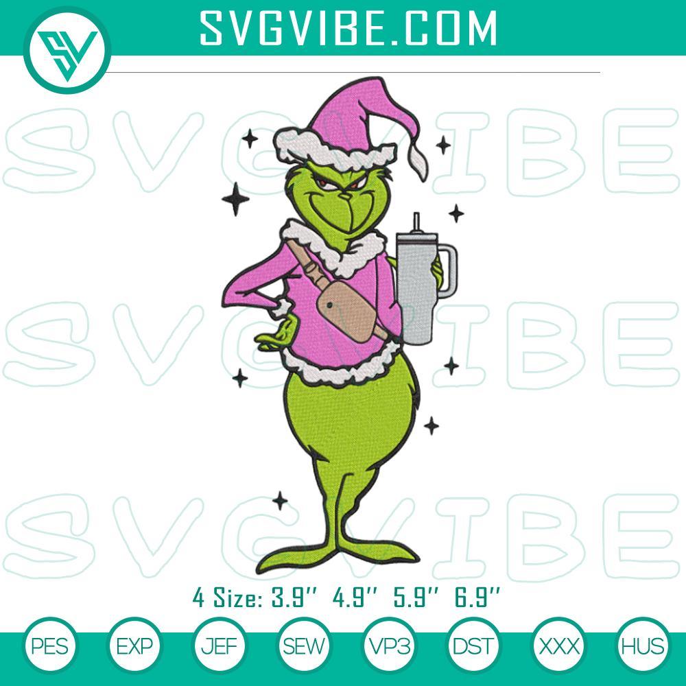 Pink Grinch Stanley Tumbler Embroidery Design Files Pink Grinch Stanley Tumbler embroidery design for Christmas - digital file for festive tumbler customization.