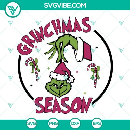 Pink Grinchmas Season SVG with Grinch Face and Pink Candy Cane Christmas design, downloadable for crafting projects.
