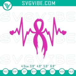 Pink ribbon heartbeat embroidery design for breast cancer awareness file, ideal for crafts and projects.