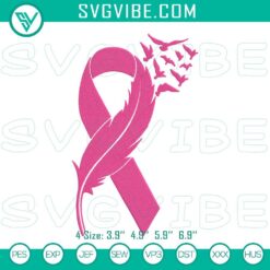 Pink ribbon with feather and birds embroidery design for Breast Cancer Awareness, digital file.
