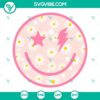 Pink smiley face daisy SVG with star lightning bolt eyes in retro style. Happy face SVG design.