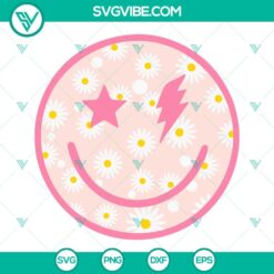 Pink smiley face daisy SVG with star lightning bolt eyes in retro style. Happy face SVG design.