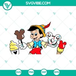 Pinocchio Disneyland snacks SVG files for Cricut and Silhouette machines, including PNG, DXF, and EPS formats.