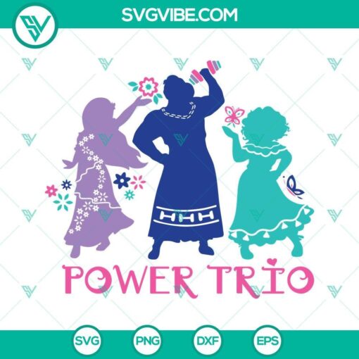 Encanto Mirabel Isabela Luisa Madrigal Power Trio SVG File for shirt design, featuring vibrant and colorful characters from the animated movie.