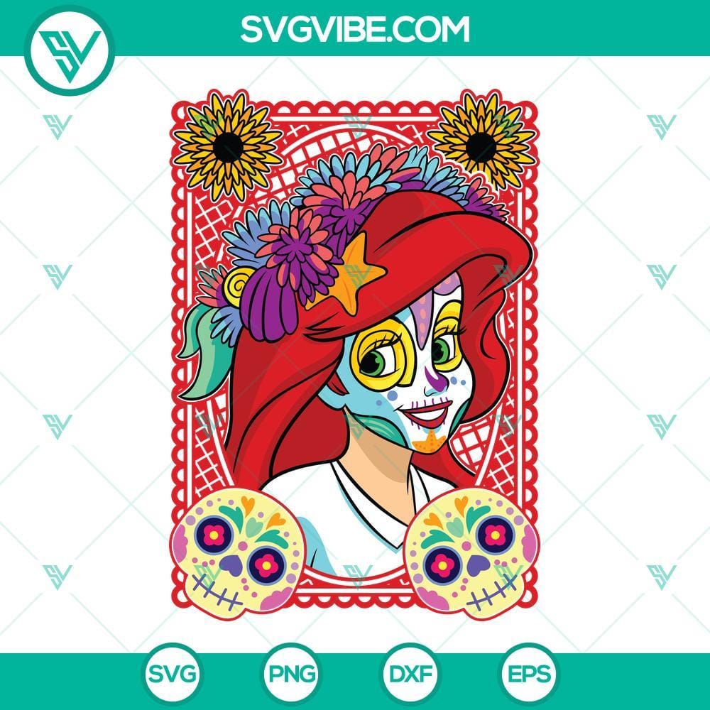 princess-ariel-sugar-skull-svg-disney-princess-day-of-the-dead-svg-dia-de-los-muertos-svg-4-mockup.jpg Princess Ariel Sugar Skull SVG images, featuring Disney Princess Day of the Dead theme with vibrant colors and intricate details.