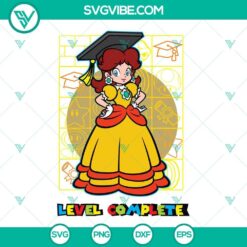 Princess Daisy Level Complete Graduation SVG File, Super Mario Bros. design with graduation cap, perfect for Mario fans crafting projects.