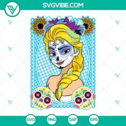 Princess Elsa Sugar Skull SVG files featuring Disney Princess Day of the Dead design, ideal for crafts and projects.