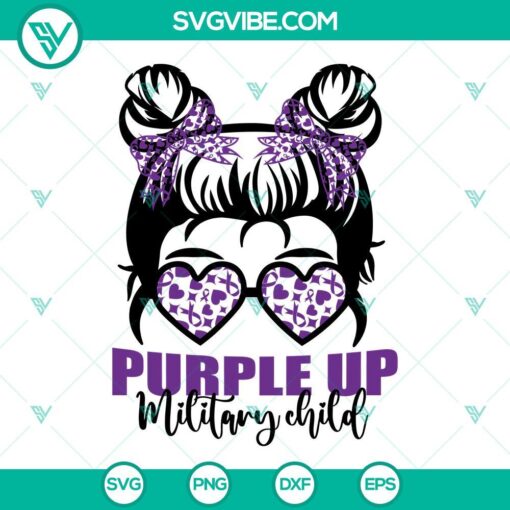 Purple Up Military Child and Messy Bun Kid Purple Ribbon SVG Files for military families.