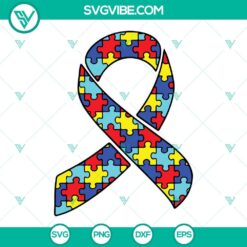 Autism awareness puzzle pieces ribbon SVG files, includes PNG, DXF, EPS cut files for crafting projects.