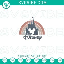 Disney castle and Mickey head embroidery pattern in rainbow colors, perfect for craft projects.
