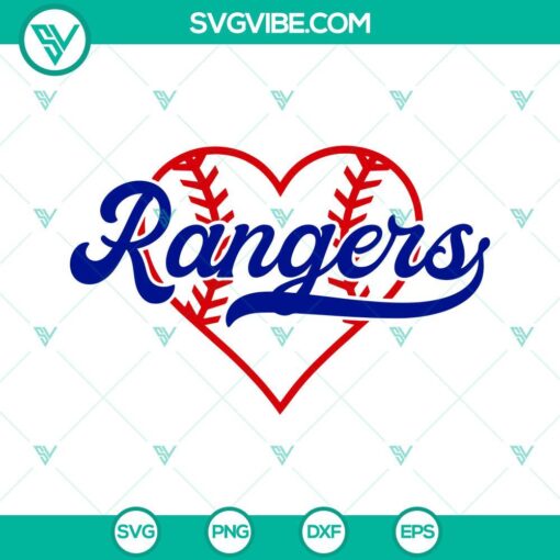 Texas Rangers baseball themed heart SVG images with file formats PNG, DXF, and EPS for digital use.