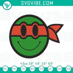 Raphael Ninja Turtle smiley face embroidery design, TMNT character embroidered, cute and fun cartoon character, green ninja.
