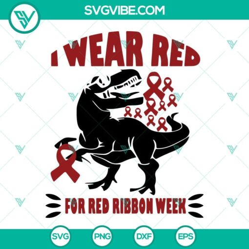 Red Ribbon Week dinosaur-themed SVG images promoting I Wear Red campaign, ideal for downloading.