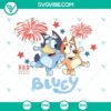 Red, white, and blue SVG files featuring Bluey and Bingo celebrating 4th of July with fireworks. Great for Independence Day crafts.