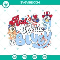 Bluey and Bingo dancing in red, white, and blue for 4th of July celebration - SVG image.