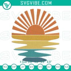 Retro beach sunset embroidery designs for summer vacation, machine file with vibrant colors and intricate details.