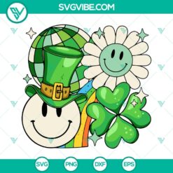 Retro lucky smiley face and green disco ball SVG for St. Patrick's Day celebration, vibrant and fun digital design.