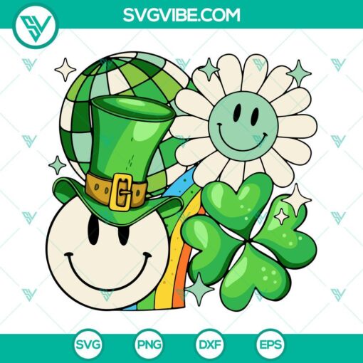 Retro lucky smiley face and green disco ball SVG for St. Patrick's Day celebration, vibrant and fun digital design.