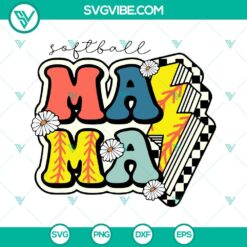 Retro Softball Mama SVG featuring groovy design, lightning bolt, and cute style. Download now for your crafting projects.