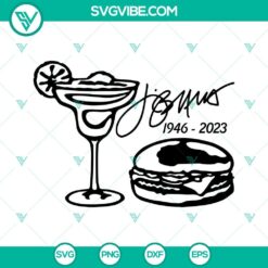 Jimmy Buffett tribute design RIP 1946-2023 in SVG PNG DXF EPS formats for Cricut, with palm tree and guitar elements.