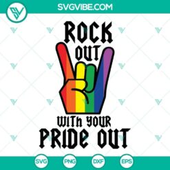 Rainbow rock pride SVG file for LGBTQ community, "Rock Out With Your Pride Out" design. Gay pride digital product image.