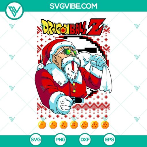 Master Roshi Dragon Ball Z Ugly Christmas Sweater SVG design with Santa hat, snowflakes, and Dragon Ball elements. Perfect for holiday crafts.
