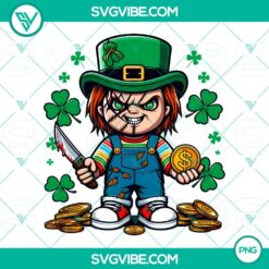 Saint Patrick’s Day Chucky Horror and Lucky Vibes Killer PNG Image with green attire and iconic knife, perfect for spooky holiday designs.