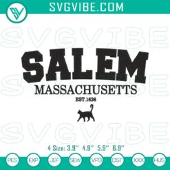 Halloween embroidery design of a witchy and spooky black cat themed for Salem, Massachusetts.
