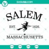 Vintage Salem Massachusetts Est 1626 SVG file featuring a witch riding broomstick. Perfect for Halloween crafts and décor.