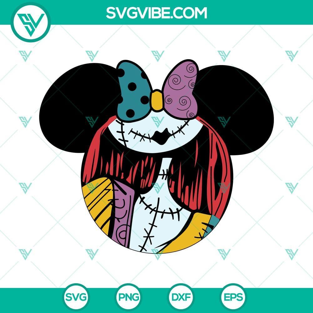 Sally SVG Images, Minnie Mouse Head Sally SVG Images, Sally Nightmare Before Sally SVG images featuring Sally from Nightmare Before Christmas and Minnie Mouse head. Ideal for crafts and digital projects.