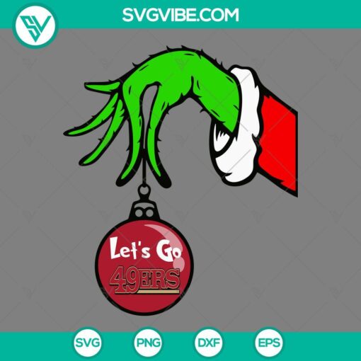 San Francisco 49ers Grinch Hand holding Christmas ornament SVG, festive 49ers Christmas design, SVG download.