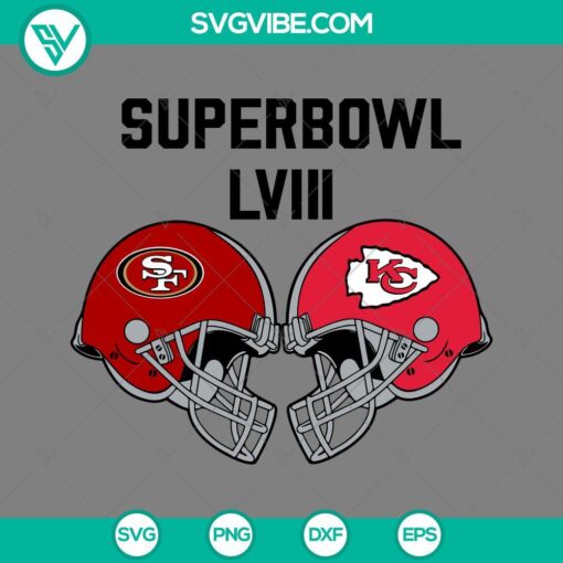 NFL Super Bowl LVIII 2024 SVG and PNG logo for San Francisco 49ers Vs Kansas City Chiefs game with team colors and Super Bowl theme.