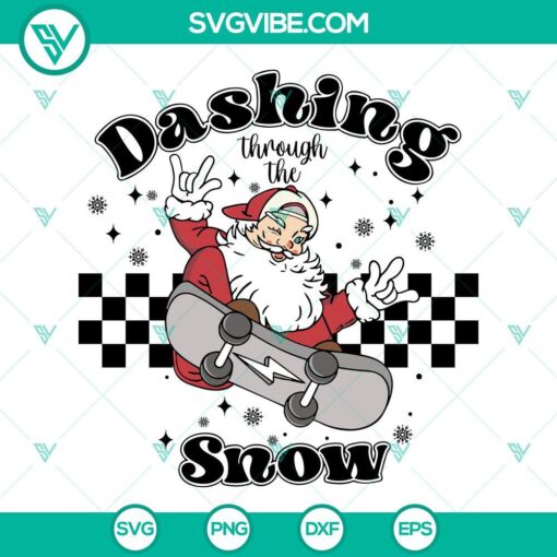 Santa Claus dashing through snow SVG file with skateboard, PNG, DXF, EPS. Festive holiday design with Santa skating. Ideal for Christmas projects.