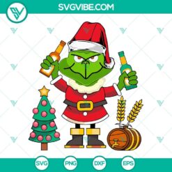 Santa Grinch holding beer bottle, Grinch Christmas tree design SVG file for holiday crafts, festive decor.