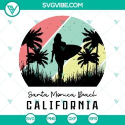 Vintage surfing girl on Santa Monica Beach California SVG download with PNG files, perfect for retro seaside designs.