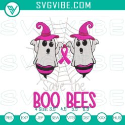 Breast cancer awareness embroidery design with text "Save The Boo Bees", featuring a pink ribbon. Digital pattern for charitable projects.
