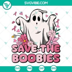 Pink breast cancer awareness ghost halloween SVG image with "Save The Boobies" text.