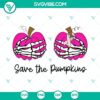Breast cancer awareness SVG featuring skeleton hands on pumpkins forming a breast shape. Ideal for Halloween crafts.