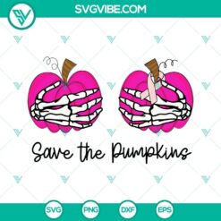 Breast cancer awareness SVG featuring skeleton hands on pumpkins forming a breast shape. Ideal for Halloween crafts.
