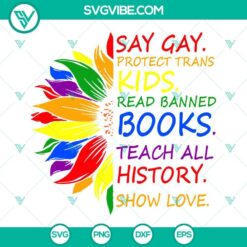 LGBTQ+ rights digital graphic with text: Say Gay Protect Trans Kids Read Banned Books Teach All History.