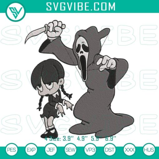 Spooky "Scream with Wednesday" embroidery design for Halloween-themed machine embroidery, featuring a horror theme.